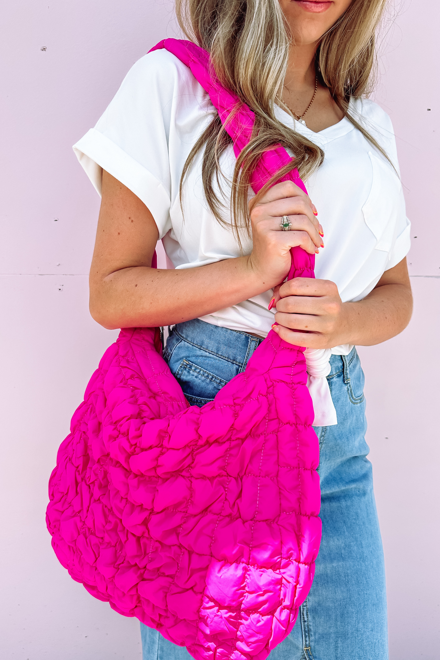 Hot Pink Quilted Carryall Bag- Quilted Shoulder Bag- FP Quilted Bag Dupe