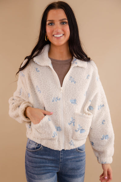 Blue Floral Embroidery Sherpa Pullover- Women's Flower Winter Zip Up Jacket