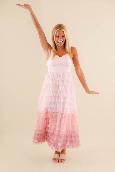 Gorgeous Tiered Pink Tulle Midi Dress- Pink Ombre Tulle Dress- Women's Tulle Party Dress