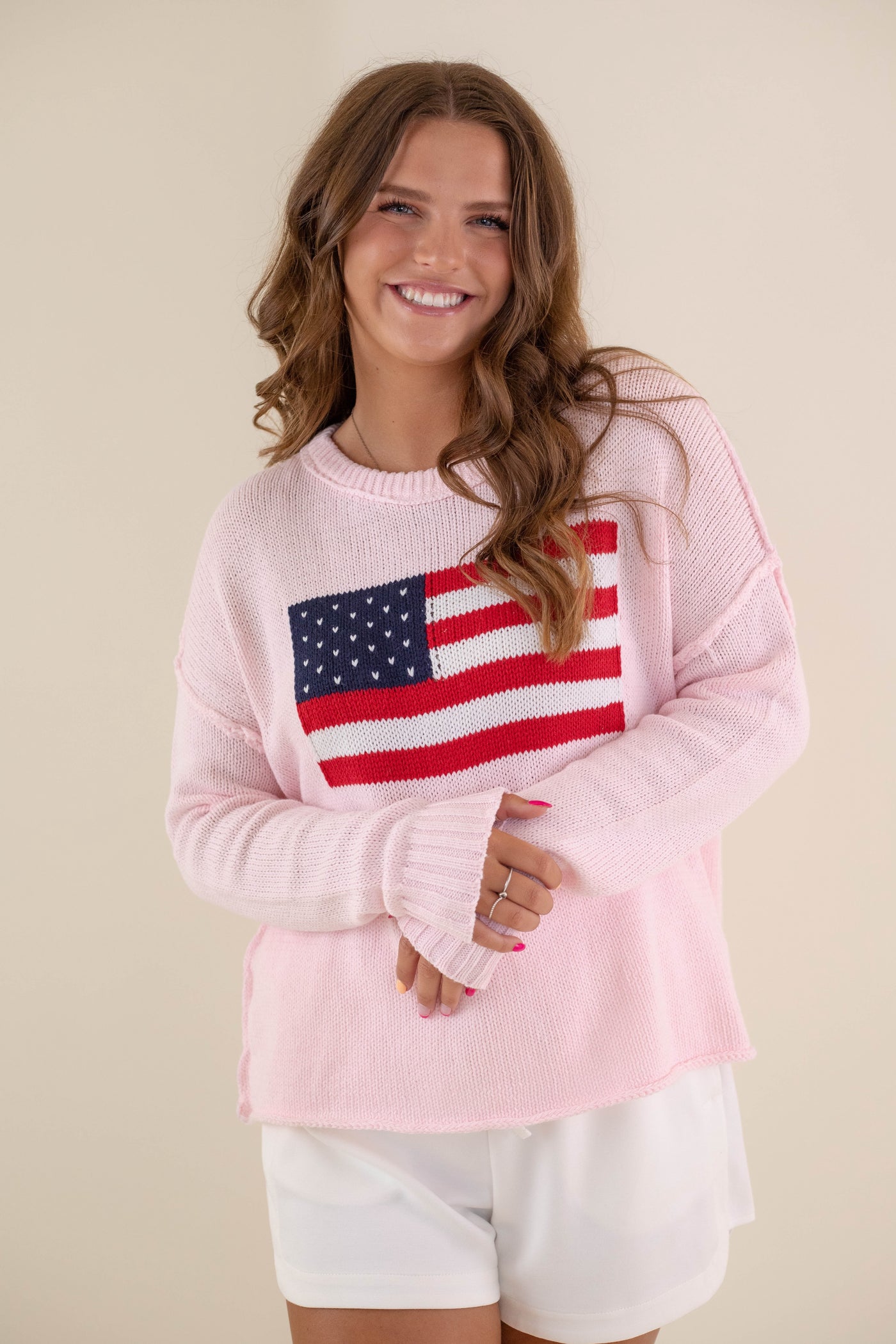 Women's American Flag Sweater- Pink Flag Sweater- Americana Lightweight Sweater