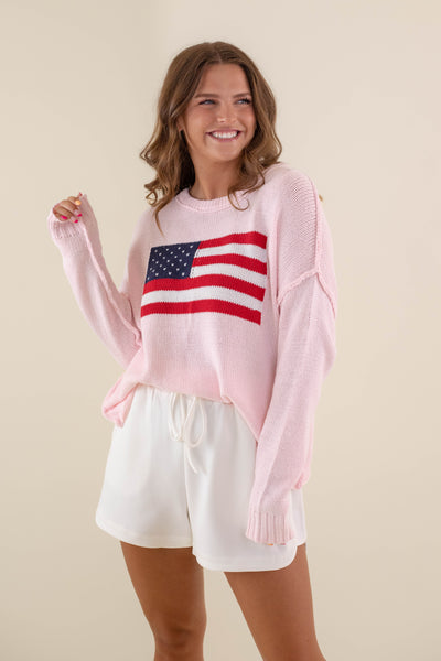 Women's American Flag Sweater- Pink Flag Sweater- Americana Lightweight Sweater