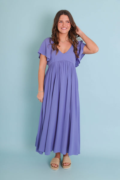 Women's Blue Midi Dress- Flutter Sleeve Midi Dress- Women's Vacation Dresses