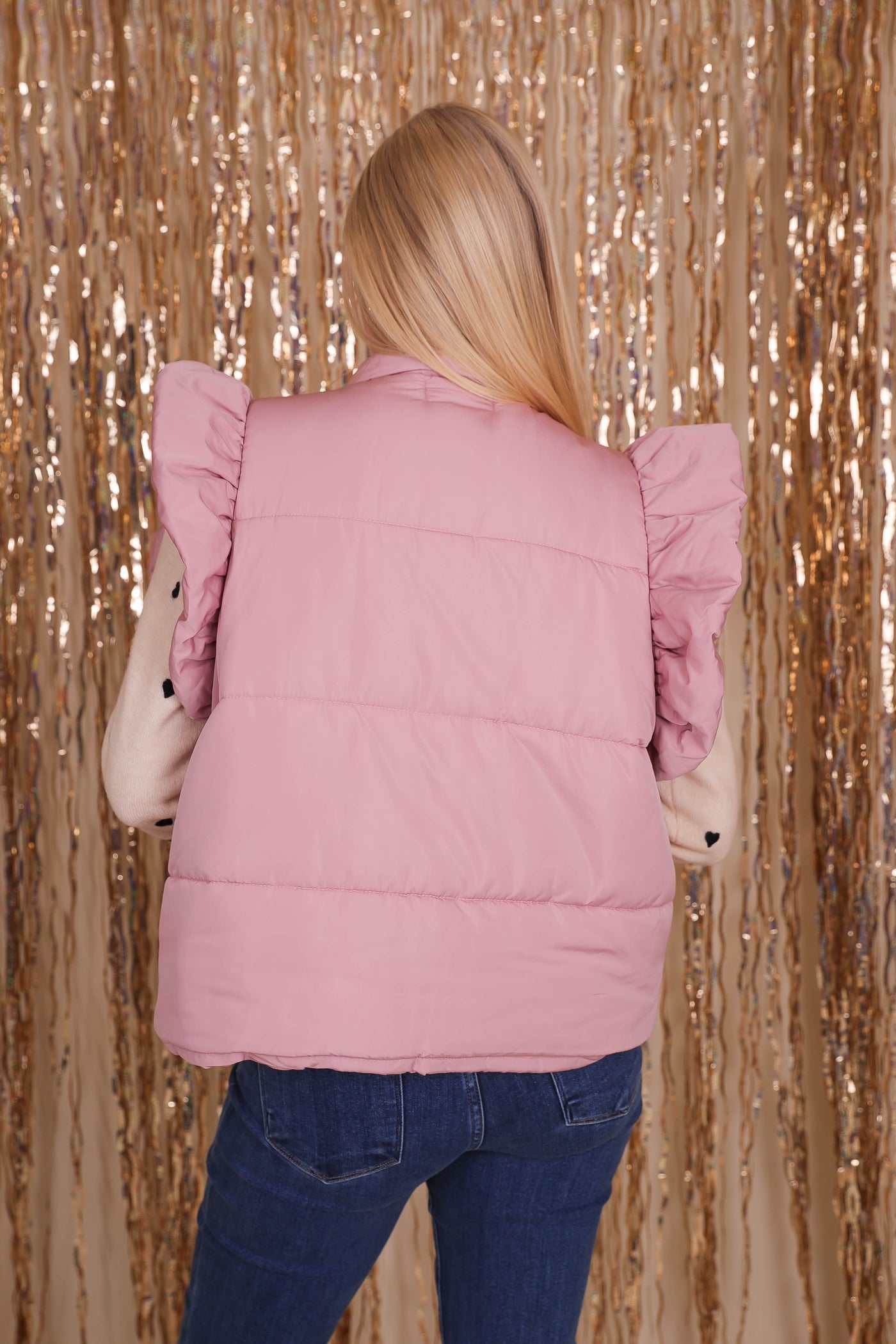 Women's Preppy Puffer Vest- Puffer Vest With Ruffles- Entro Puffer Vest