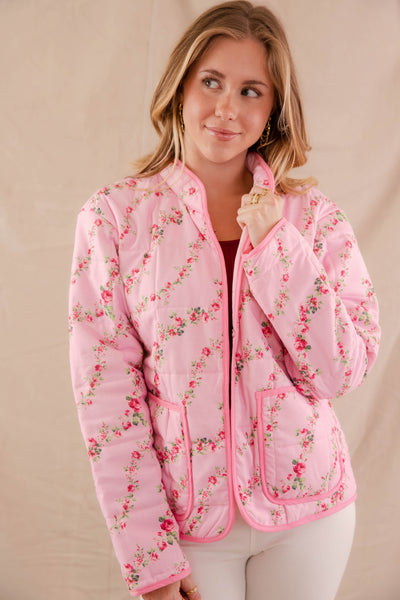 Pink Floral Print Jacket- Women's Pink Quilt Coat