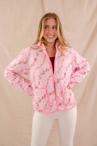 Pink Floral Print Jacket- Women's Pink Quilt Coat