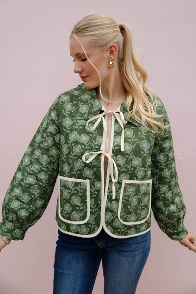 Floral Quilted Tie Jacket- Women's Olive Quilted Jacket- Entro Print Tie Jacket