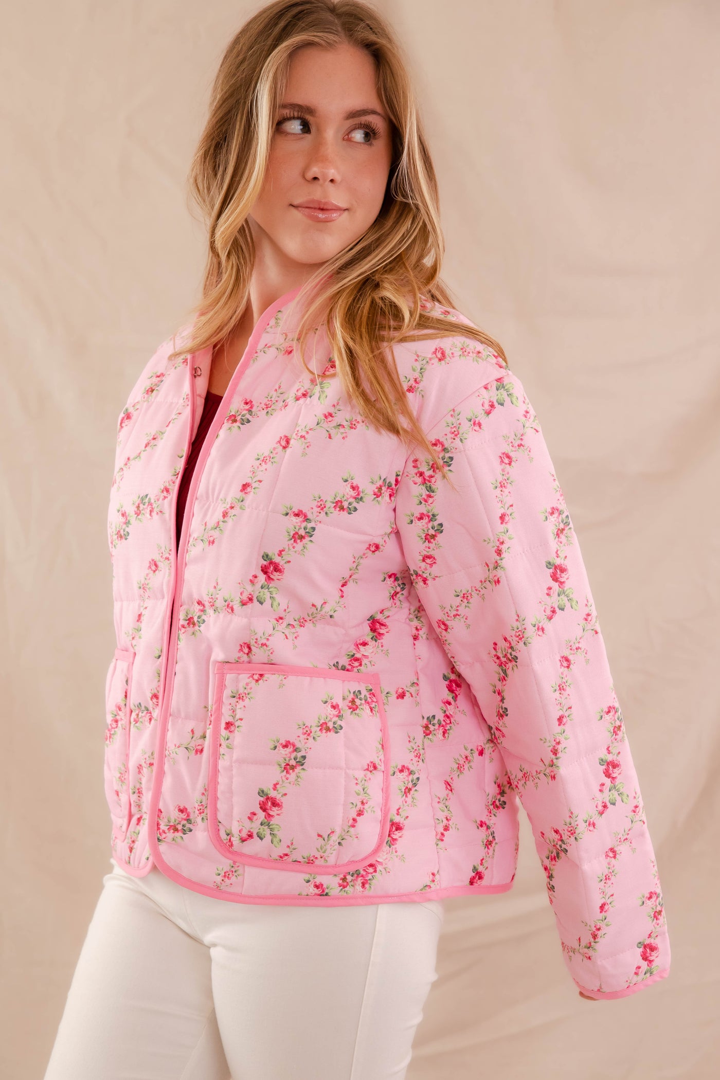 Pink Floral Print Jacket- Women's Pink Quilt Coat