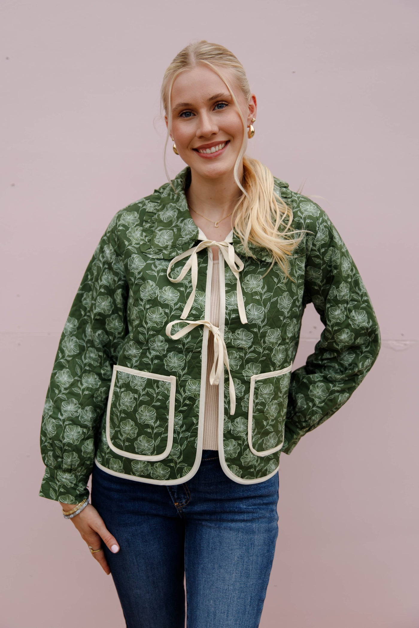 Floral Quilted Tie Jacket- Women's Olive Quilted Jacket- Entro Print Tie Jacket