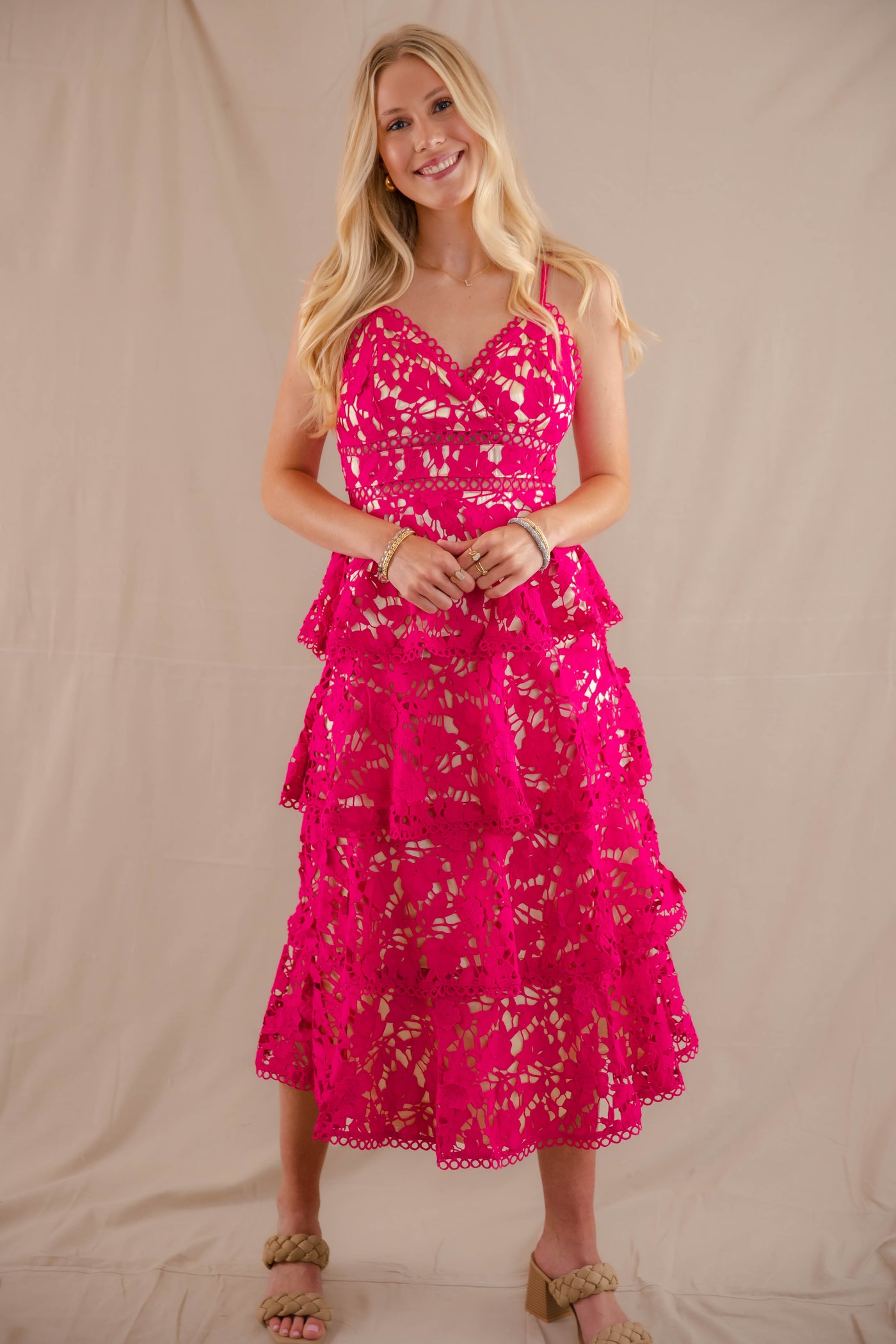 Women's Pink Floral Midi Dress- Floral Tiered Cocktail Dress- JustMe Midi Dresses