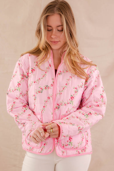 Pink Floral Print Jacket- Women's Pink Quilt Coat