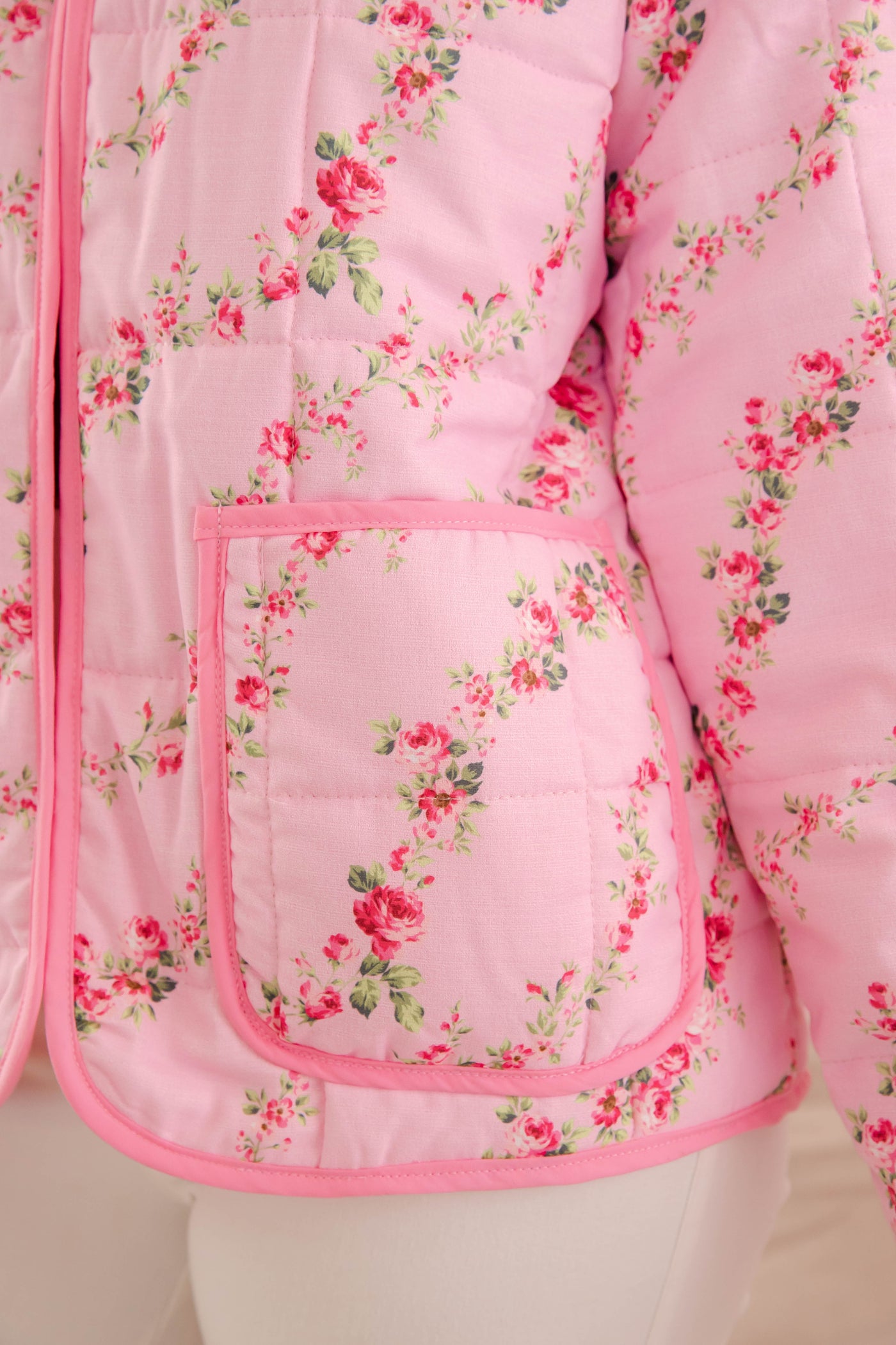 Pink Floral Print Jacket- Women's Pink Quilt Coat