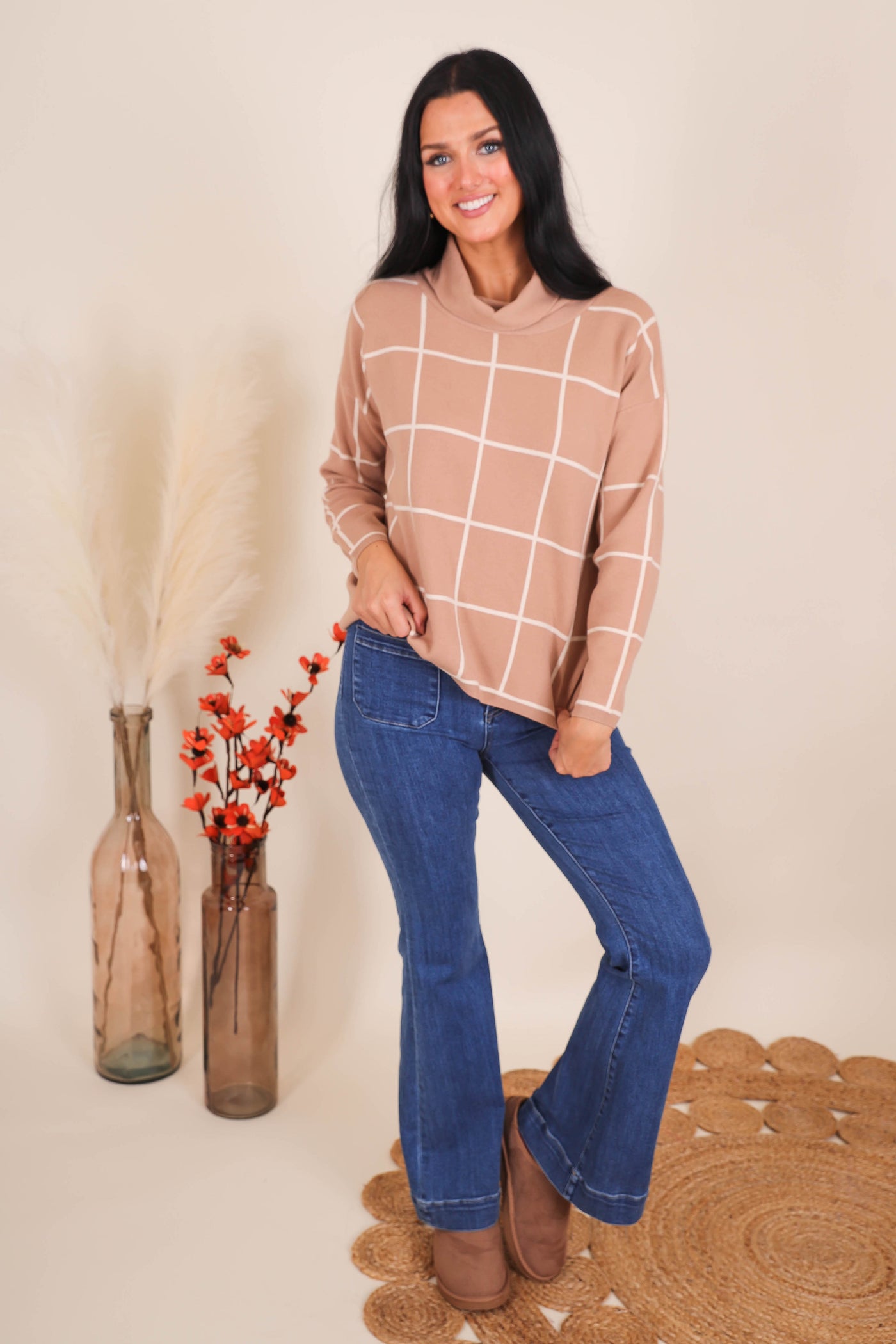 Women's Preppy Sweater- Women's Turtleneck Plaid Sweater- Gilli Sweaters