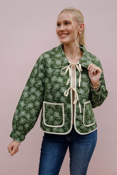 Floral Quilted Tie Jacket- Women's Olive Quilted Jacket- Entro Print Tie Jacket