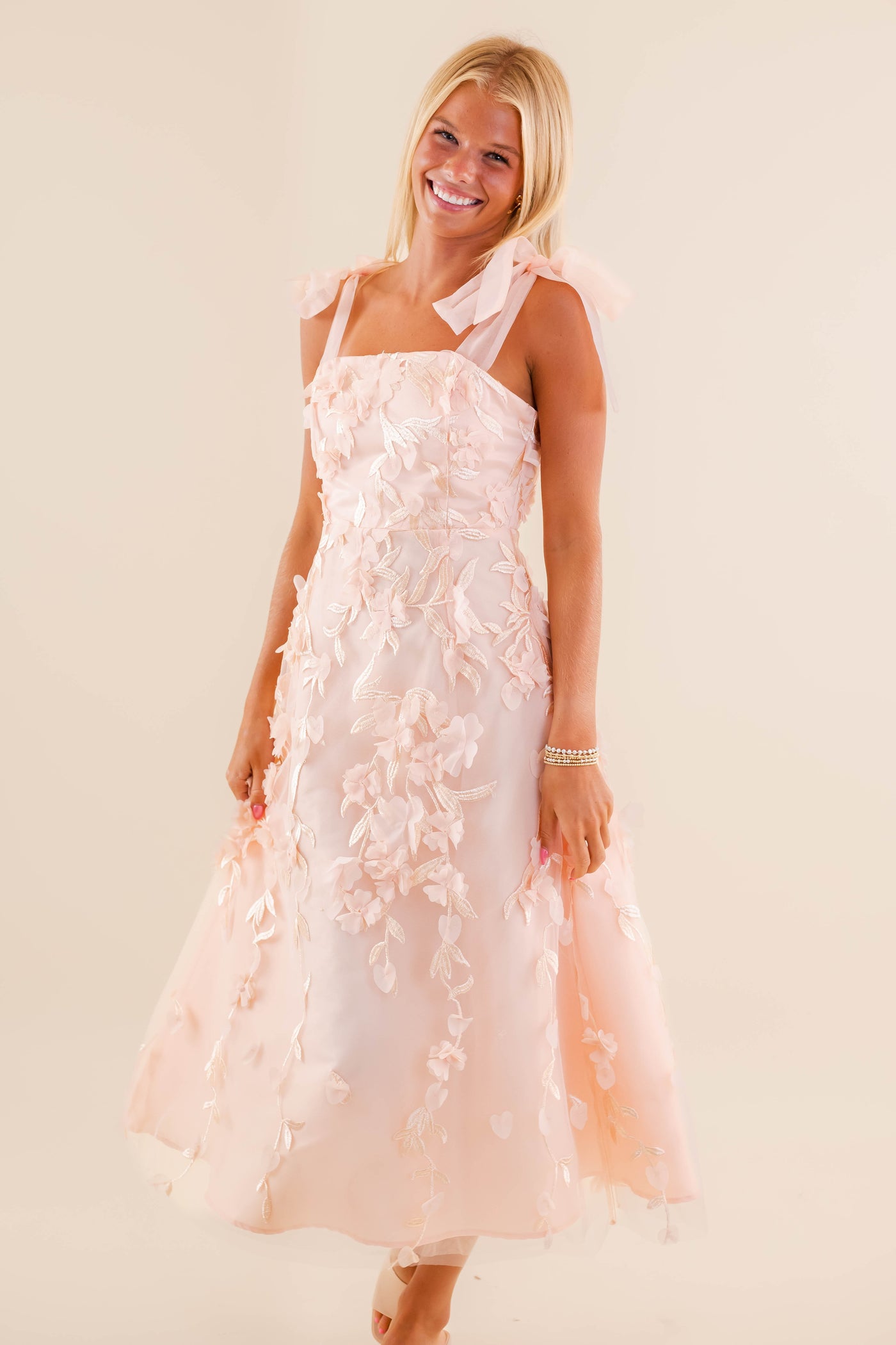 Blush Pink Floral Embroidered Midi Dress- Tulle 3D Flower Dress- Elegant Tulle Dress