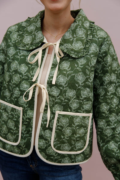 Floral Quilted Tie Jacket- Women's Olive Quilted Jacket- Entro Print Tie Jacket