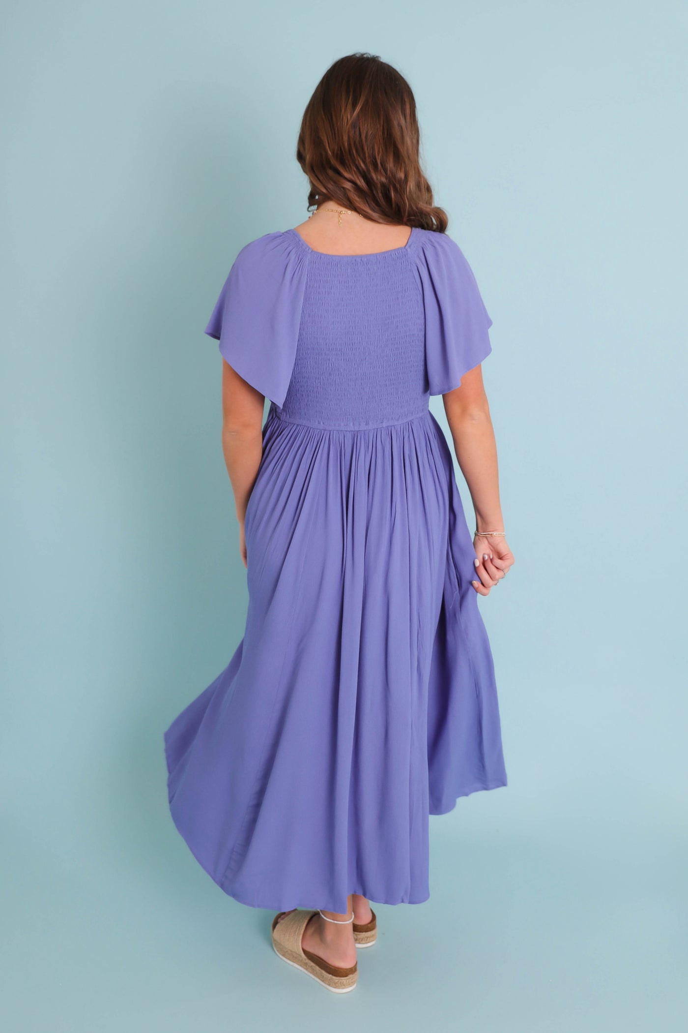 Women's Blue Midi Dress- Flutter Sleeve Midi Dress- Women's Vacation Dresses