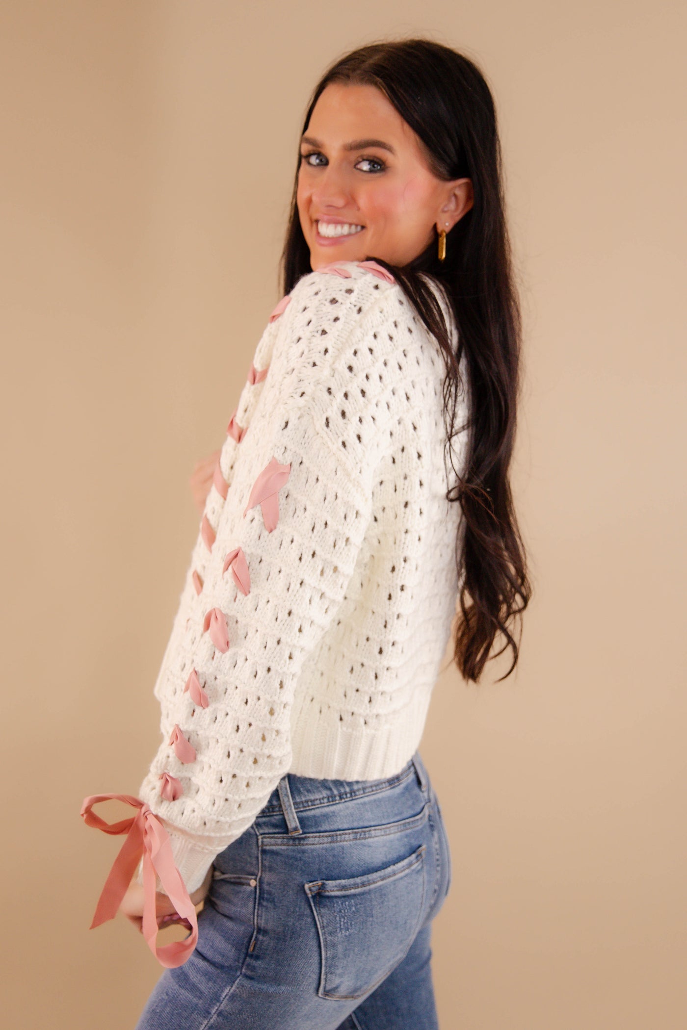 Crochet Sweater With Pink Ribbon- Women's Pink Ribbon Cardigan- Ivory and Pink Ribbon Knit Sweater