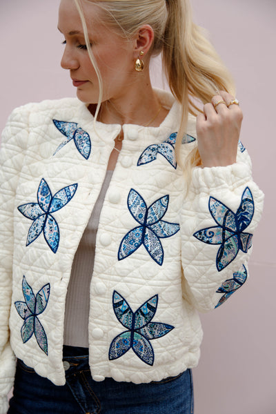 Flower Stitch Quilted Jacket- Women's Patchwork Quilted Jacket- Flower Patch Jacket