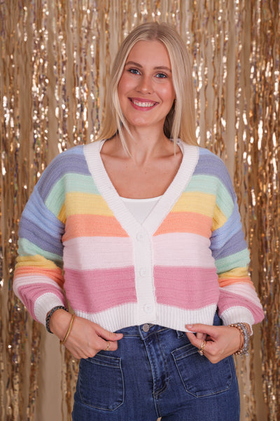 Women's Cropped Rainbow Cardigan- Women's Fun Rainbow Sweater- Colorful Fall Clothes