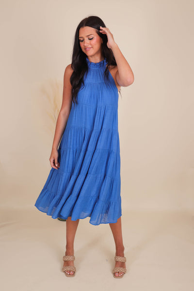 Chic High Neck Midi Dress- Women's Blue Midi Dress- Umgee Maxi Dress