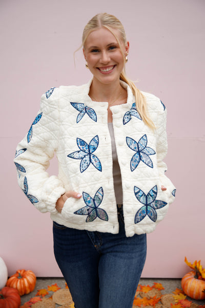 Flower Stitch Quilted Jacket- Women's Patchwork Quilted Jacket- Flower Patch Jacket