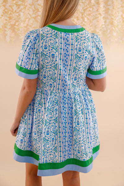 Green and Blue Print Dress- Women's Floral Print Mini Dress- Entro Dresses