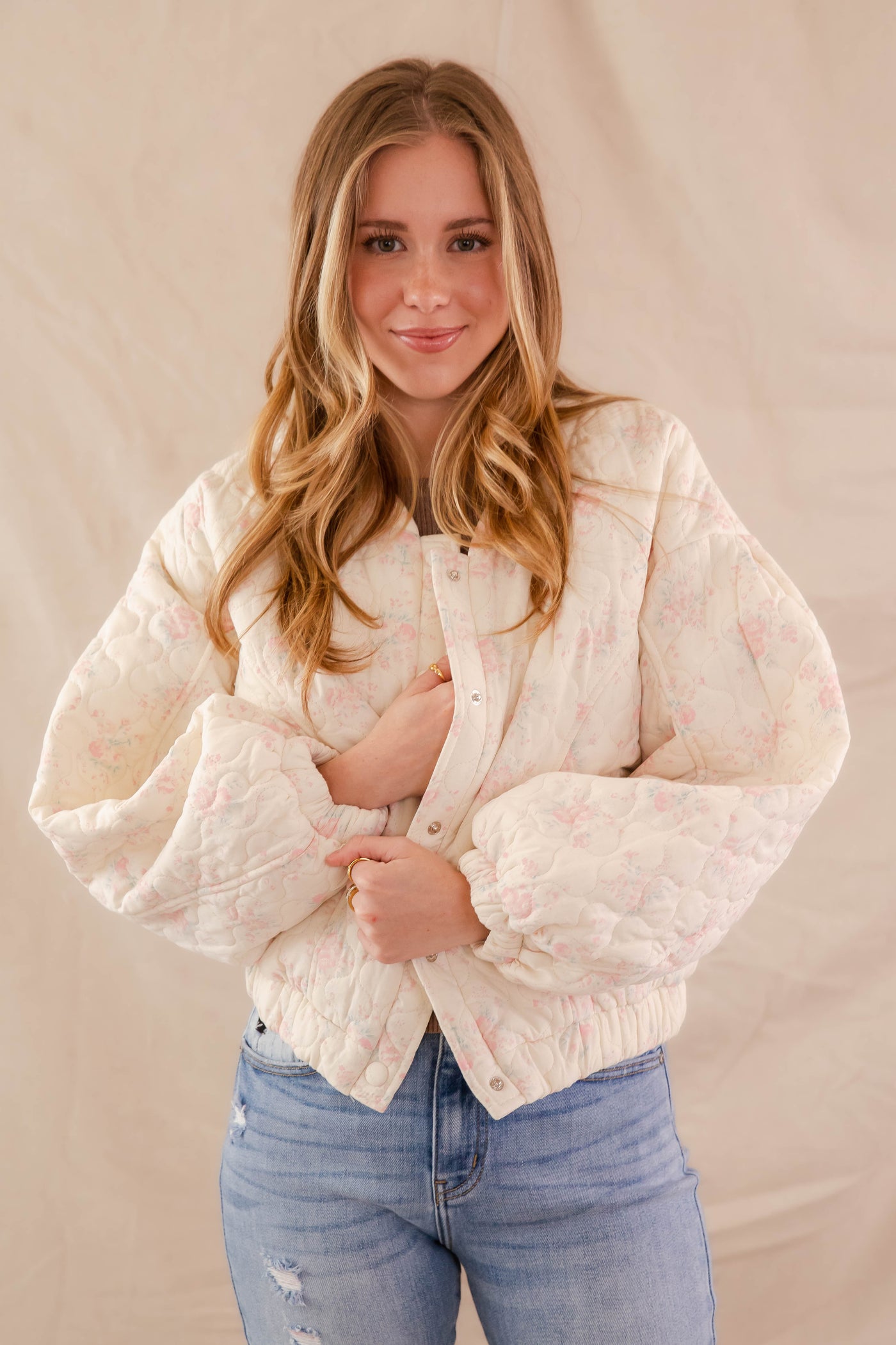 Floral Print Bomber Jacket- Women's Oversized Pink Floral Jacket- Mable Quilted Jacket