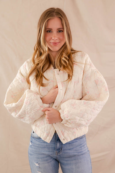 Floral Print Bomber Jacket- Women's Oversized Pink Floral Jacket- Mable Quilted Jacket