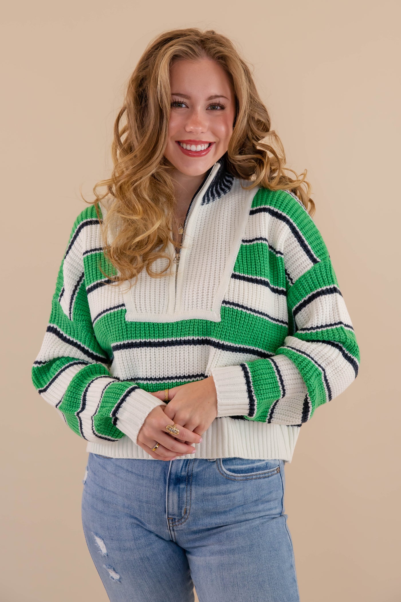 Green and White Striped Pullover- Women's Zipped Up Pullover- Creamon Green Striped Pullover
