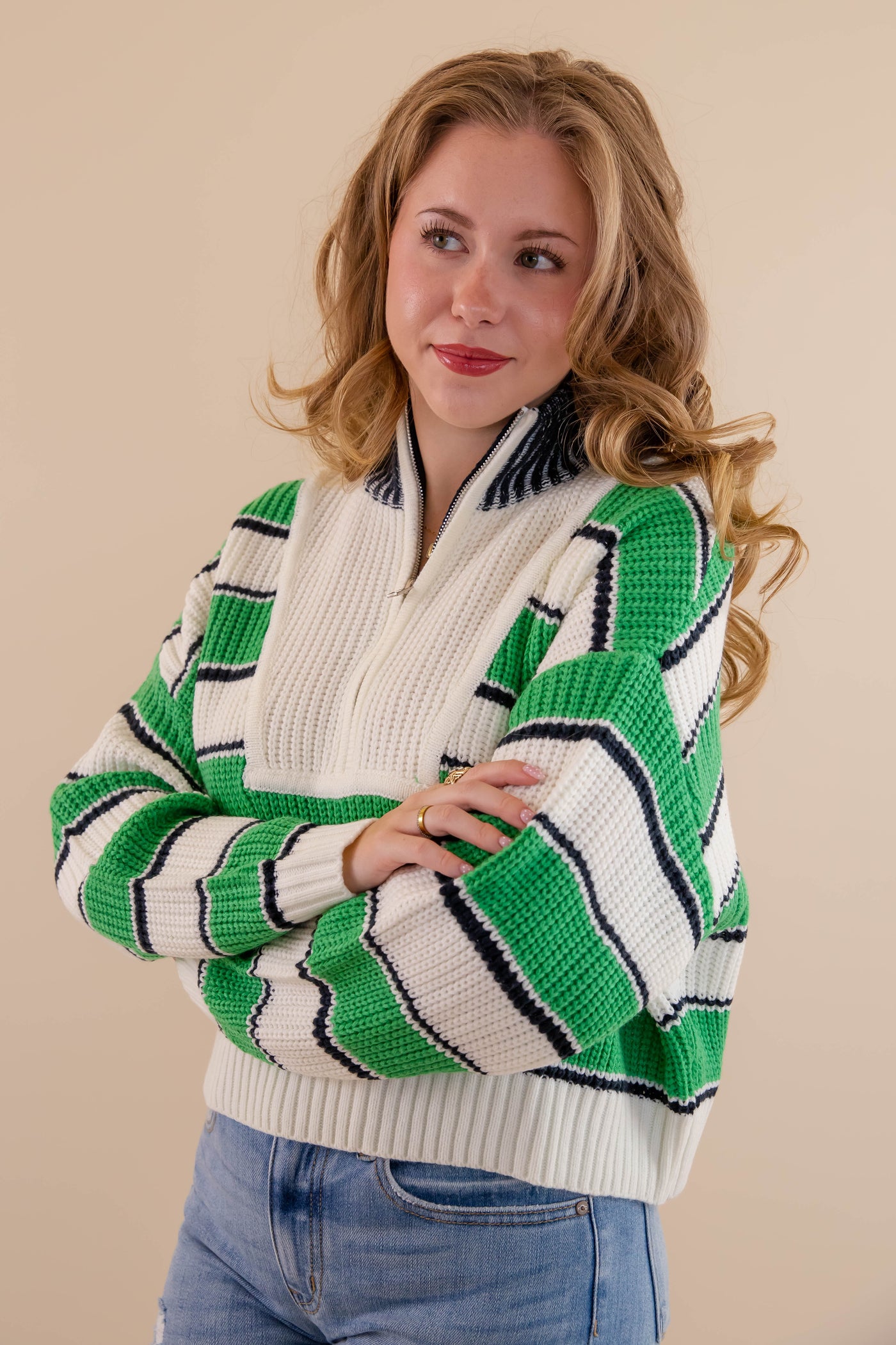 Green and White Striped Pullover- Women's Zipped Up Pullover- Creamon Green Striped Pullover
