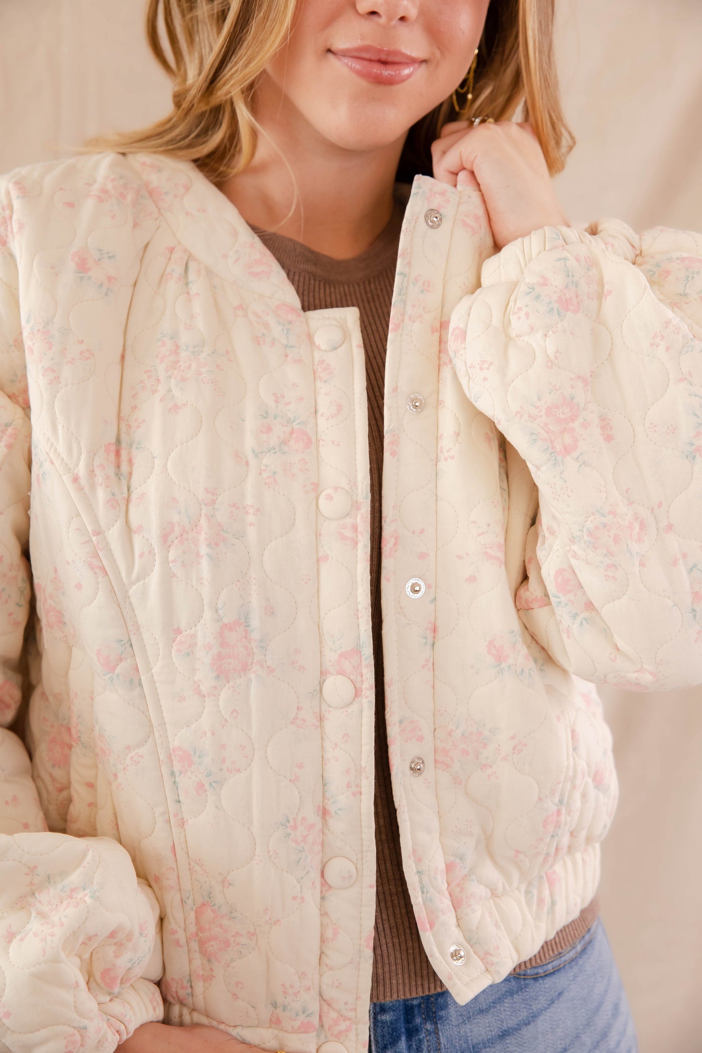 Floral Print Bomber Jacket- Women's Oversized Pink Floral Jacket- Mable Quilted Jacket