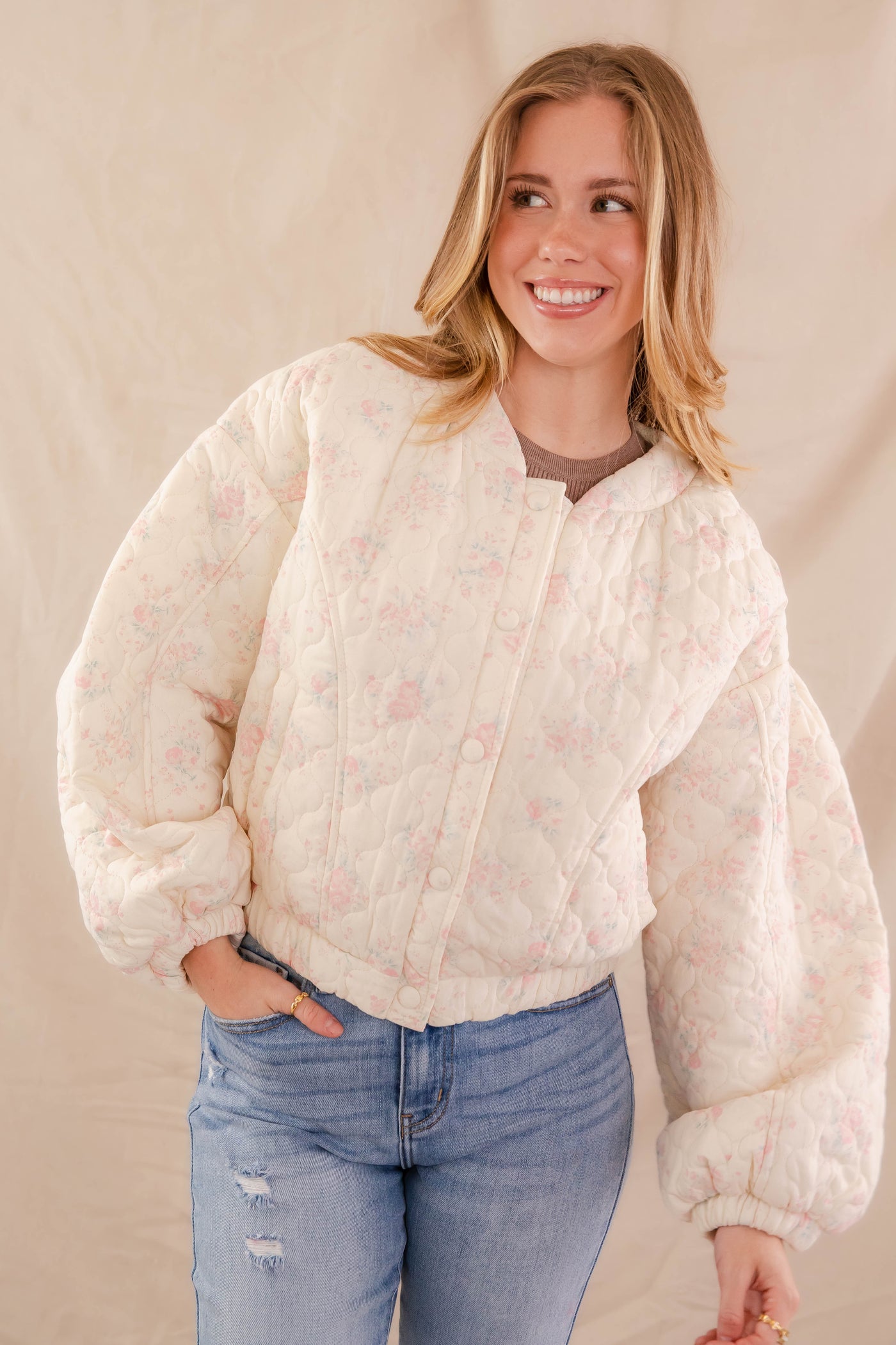 Floral Print Bomber Jacket- Women's Oversized Pink Floral Jacket- Mable Quilted Jacket