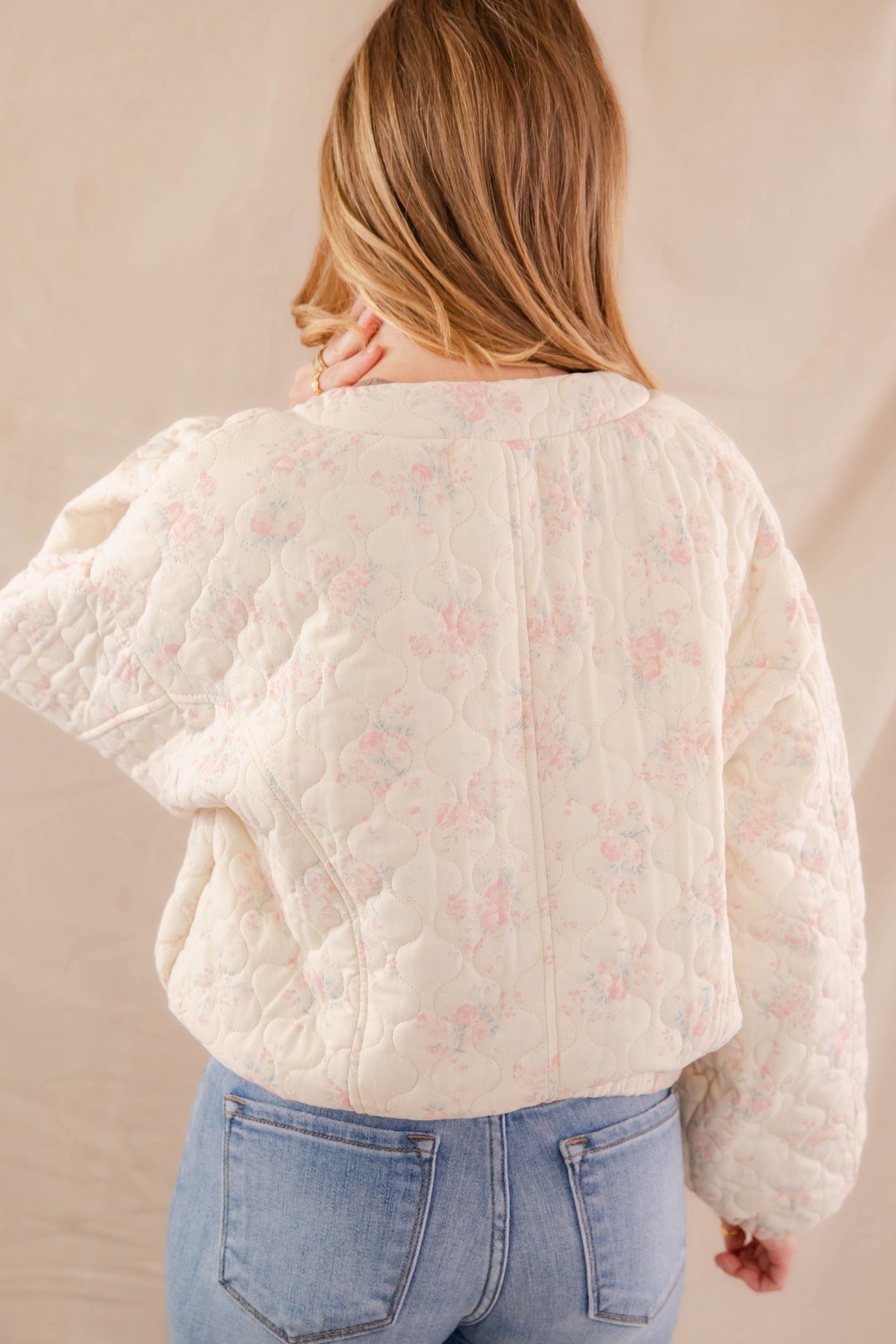 Floral Print Bomber Jacket- Women's Oversized Pink Floral Jacket- Mable Quilted Jacket