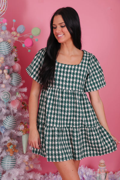 Women's Green and White Tweed Dress- Women's Houndstooth Dress- Entro Dresses