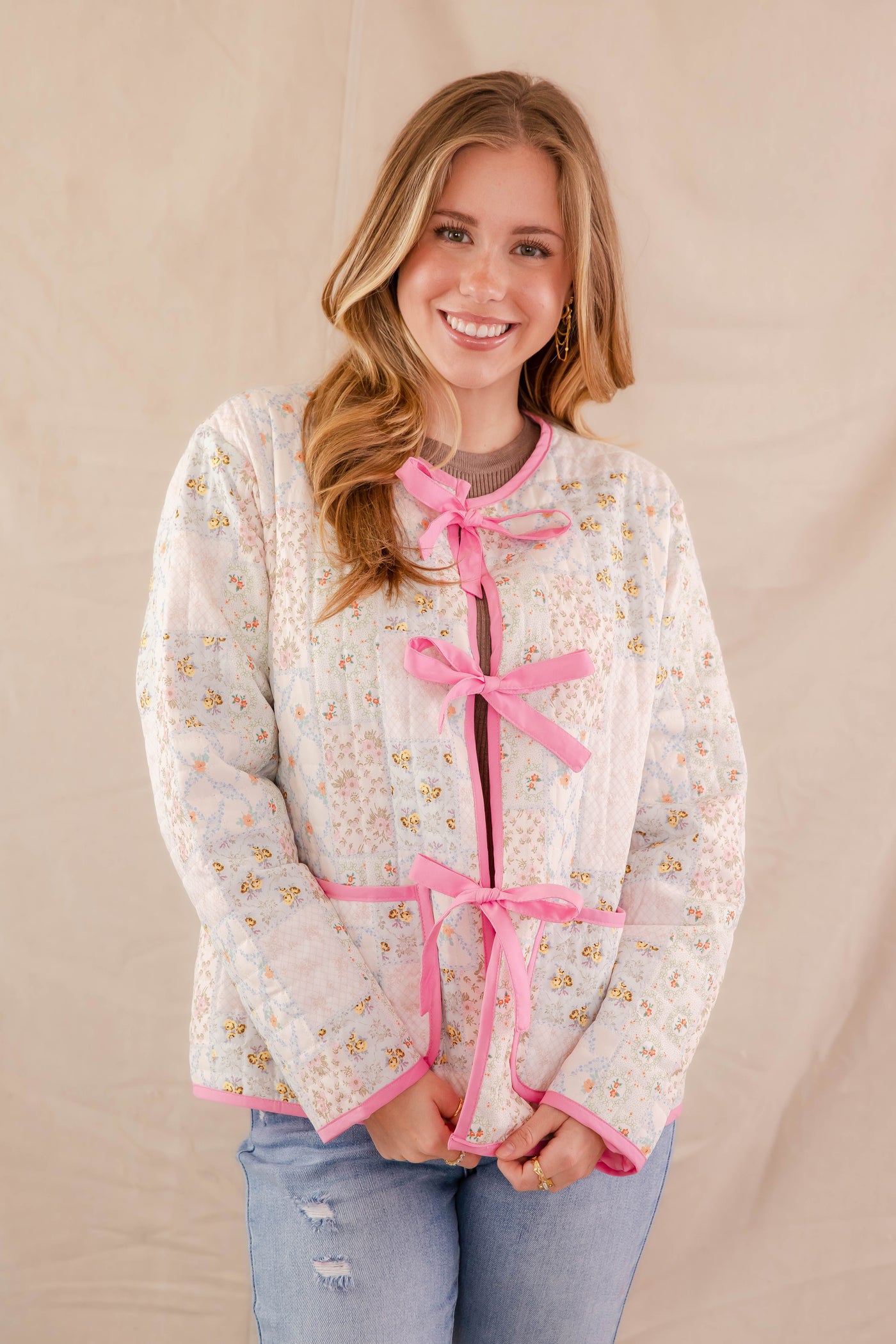 Quilted Patchwork Floral Print Jacket- Women's Quilted Pink Jacket- Bow Jacket For Women