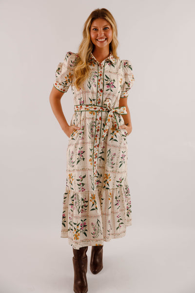 Floral Print Midi Dress- Women's Button Down Mid Dress- Entro Floral Midi