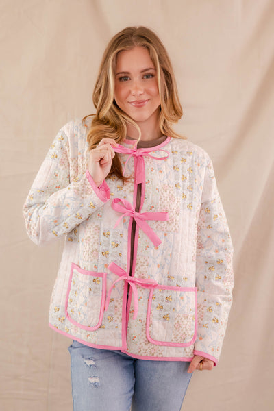 Quilted Patchwork Floral Print Jacket- Women's Quilted Pink Jacket- Bow Jacket For Women