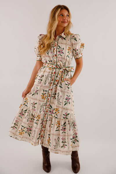 Floral Print Midi Dress- Women's Button Down Mid Dress- Entro Floral Midi
