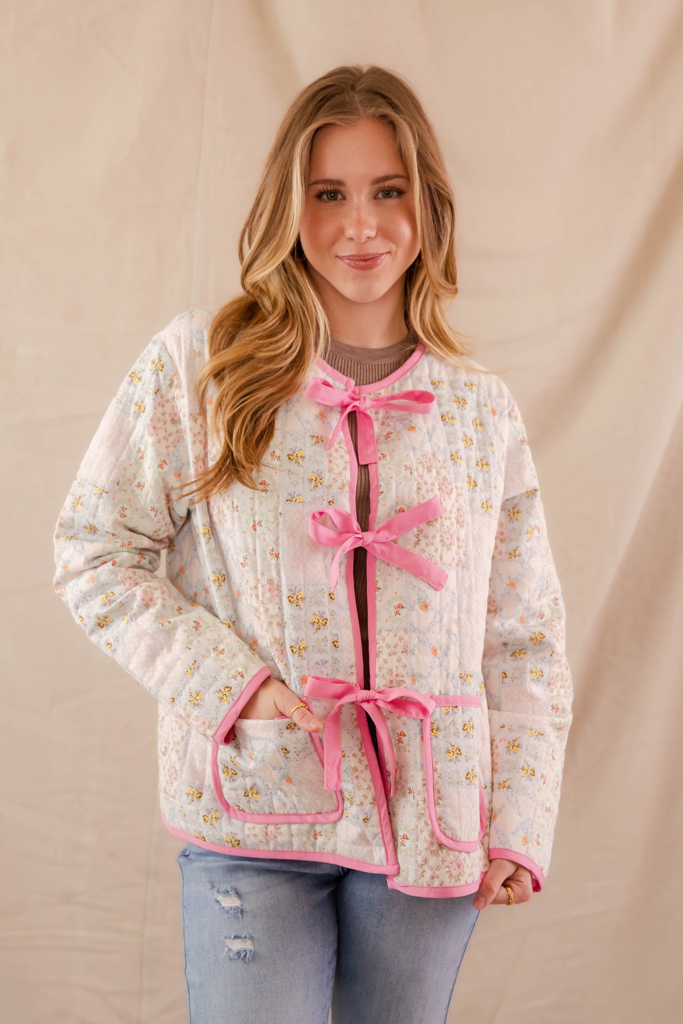 Quilted Patchwork Floral Print Jacket- Women's Quilted Pink Jacket- Bow Jacket For Women