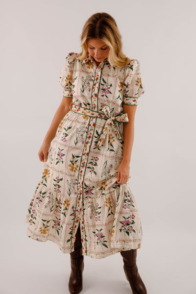 Floral Print Midi Dress- Women's Button Down Mid Dress- Entro Floral Midi