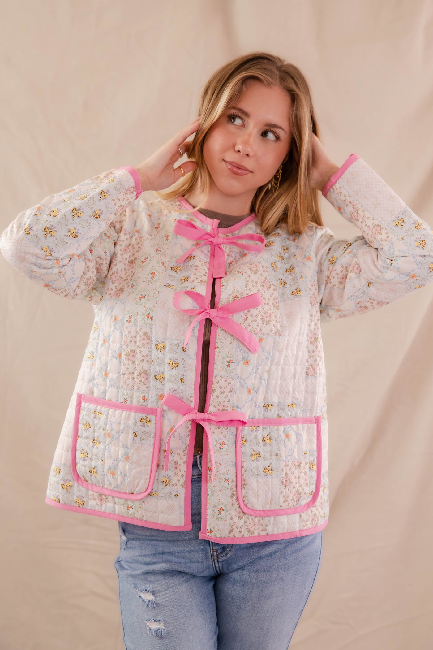 Quilted Patchwork Floral Print Jacket- Women's Quilted Pink Jacket- Bow Jacket For Women