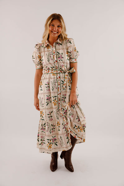 Floral Print Midi Dress- Women's Button Down Mid Dress- Entro Floral Midi