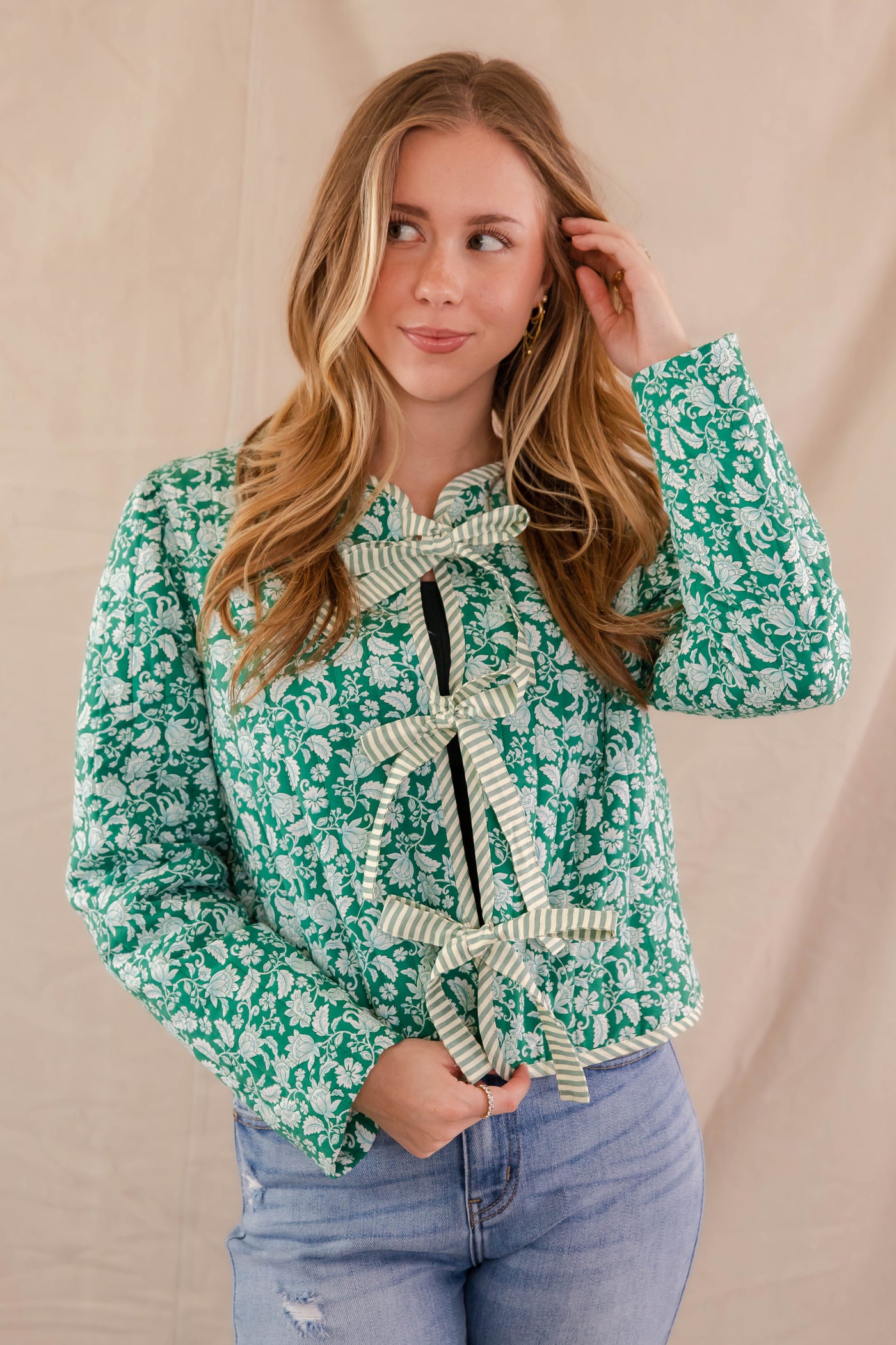 Green Floral Print Coat- Women's Floral Quilt Jacket- Bow Tie Quilted Jacket