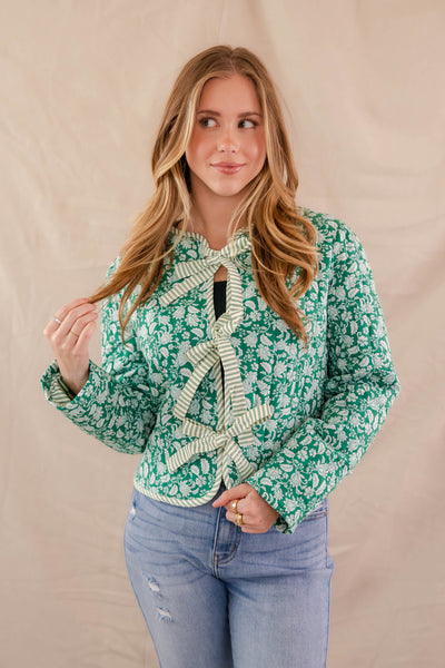 Green Floral Print Coat- Women's Floral Quilt Jacket- Bow Tie Quilted Jacket