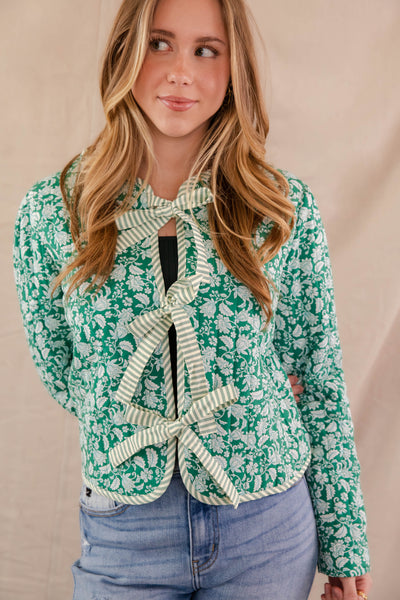 Green Floral Print Coat- Women's Floral Quilt Jacket- Bow Tie Quilted Jacket