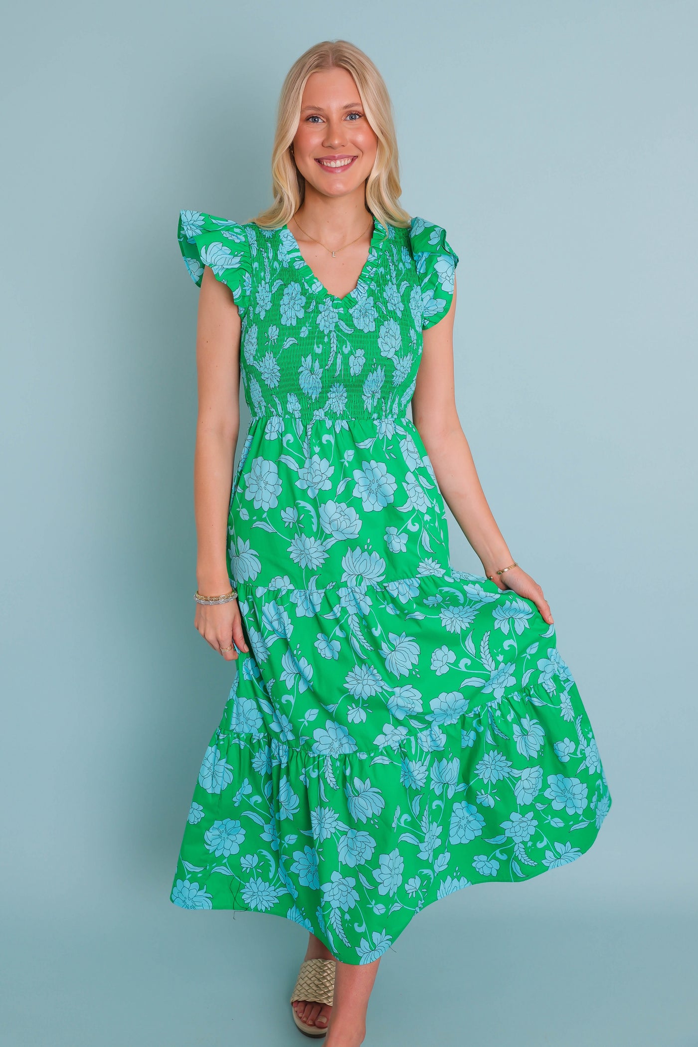 Women's Floral Smocked Midi Dress- Women's Green Floral Midi- Sugar Lips Midi Dress