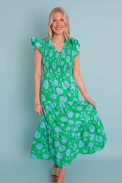 Women's Floral Smocked Midi Dress- Women's Green Floral Midi- Sugar Lips Midi Dress