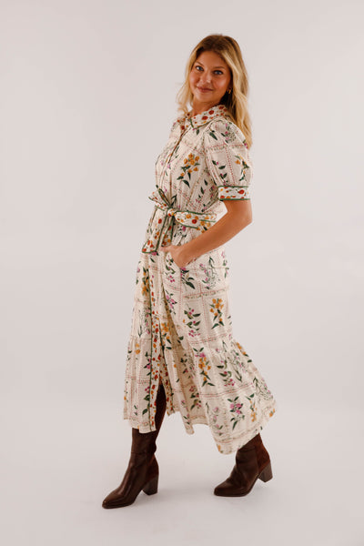 Floral Print Midi Dress- Women's Button Down Mid Dress- Entro Floral Midi
