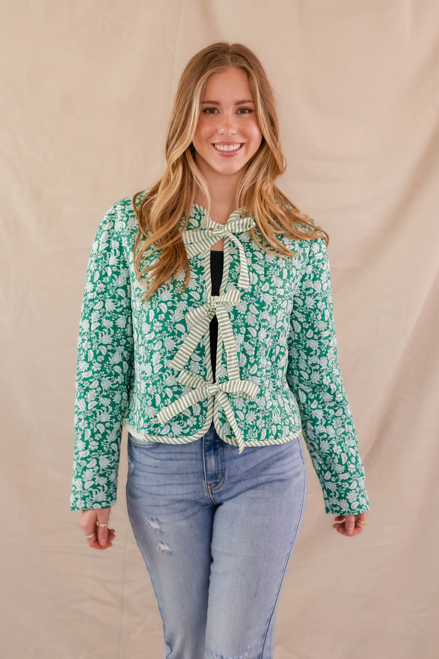 Green Floral Print Coat- Women's Floral Quilt Jacket- Bow Tie Quilted Jacket