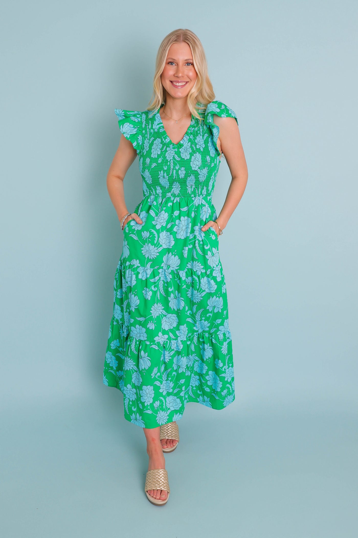 Women's Floral Smocked Midi Dress- Women's Green Floral Midi- Sugar Lips Midi Dress